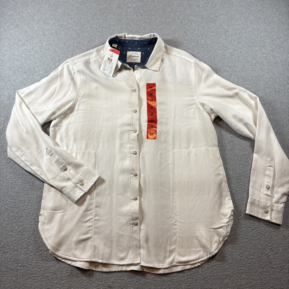 Jachs Girlfriend Women's Size M White Cream Plaid Flannel Shirt With Pockets NWT